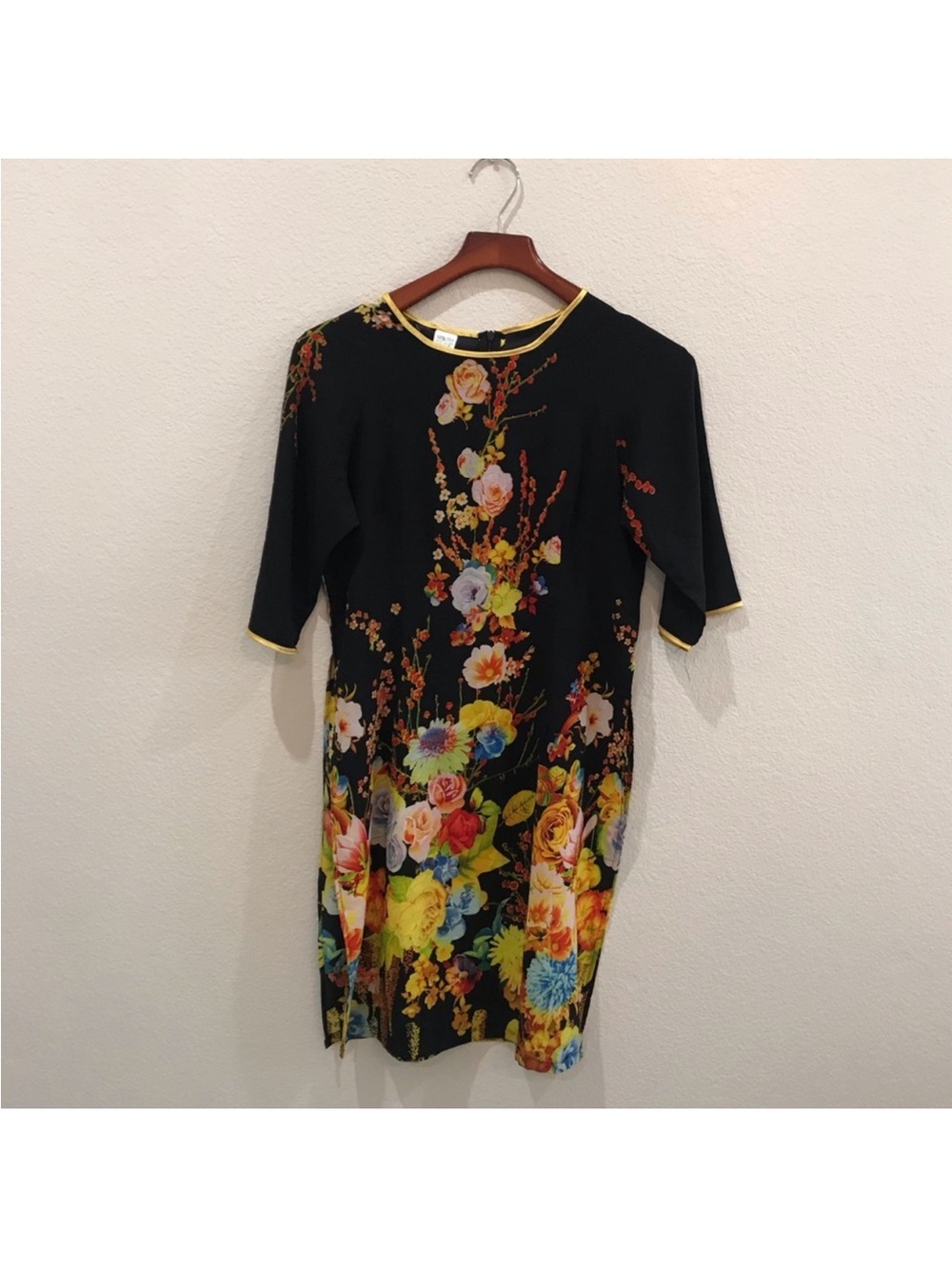 Black 100% Silk Floral Tunic with Gold Trim — Asian Style